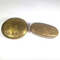 Two brass Dutch tobacco boxes dated 1731 and 1733. Approximately 13 cm and 12cm diameter. Wear