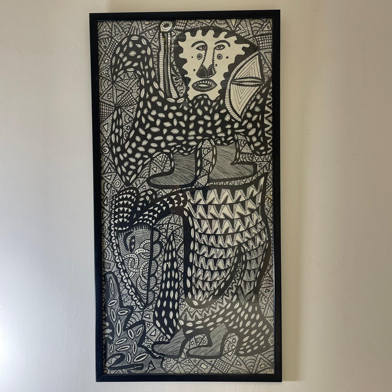 A black and white abstract on cloth signed Tunde in an ebonised frame.  45cm x 87cm.  In good