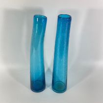 Pair of mid century blue glass vases, bubbles trapped in the glass