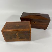 A 19th century rosewood tea caddy with cross banded decorations. Together with a 19th century