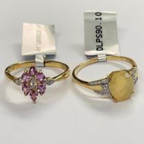 Two 9ct gold gem set dress rings: a 9ct yellow gold Ethiopian opal & diamond ring and a 9ct yellow