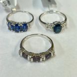 Collection of three 9ct white gold diamond and gem set rings. Featuring a three stone Kyanite set