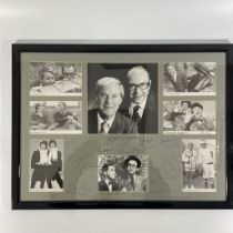 A framed collection of Eric Morcombe and Ernie Wise cards with various signatures including Andrew