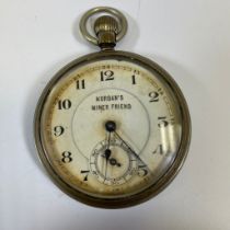 A Morgan's Miner Friend silver plated pocket watch. Case diameter 48mm. Winds and appears to run