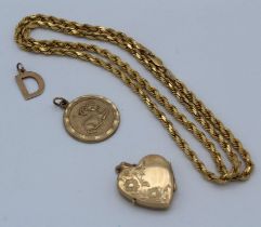 A collection of 9ct gold jewellery featuring a 9ct rope chain, 13.5gm approximately, a 9ct gold