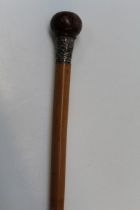 An Edwardian Malacca shafted walking cane with Chinese silver collar and knop handle, 87cm