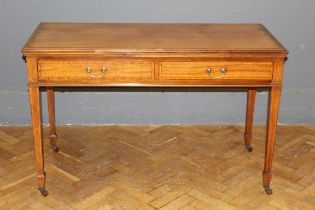 An Edwardian mahogany, satinwood crossbanded side table, fitted two frieze drawers, raised on square
