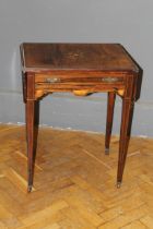 An Edwardian rosewood, box inlaid and strung lady's drop flap work table, fitted frieze drawer,