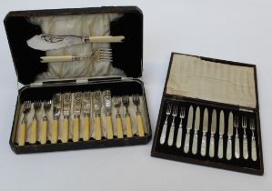 A cased set of six mother of pearl handled fruit knives and forks, together with a cased set of
