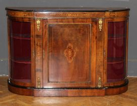 A Victorian walnut, boxwood inlaid and strung, gilt metal mounted credenza of break bowfront form.