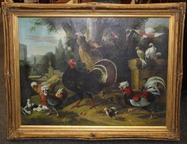 After Melchior de Hondecoeter ( 1636-1695) Turkey, cockerel and other fowl beneath a mature tree