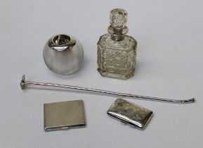 An early 19th century hobnail cut glass scent bottle with silver collar, London 1900, 16cm, a silver