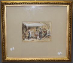 Follower of Myles Birket Foster, figures at a grocers stall. Watercolour, monogrammed lower left, 13