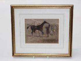 19th century English School, racehorses, trainers and jockey at a meet. Watercolour, heightened with