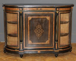 A Victorian ebonized, burr walnut, boxwood inlaid and strung, gilt metal mounted credenza of