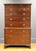 A George III mahogany chest on chest, in two sections, fitted two short and six graduated long
