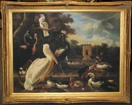 After Melchior de Hondecoeter ( 1636-1695) Pelican, flamingo, ducks and other fowl in an