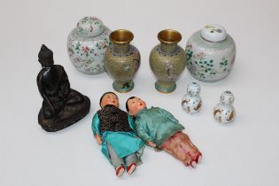 A quantity of Oriental items, to include two Chinese famille rose ginger jars, one with