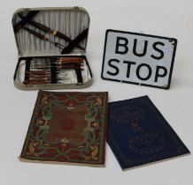 A mixed collectors lot, including a mid century enamel bus stop sign, 23 x 30.5cm, a cased set of