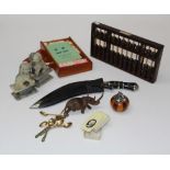 An abacus, maj jong set, a Ronson wood lighter, a kukri set (missing a knife), a pair of hardstone
