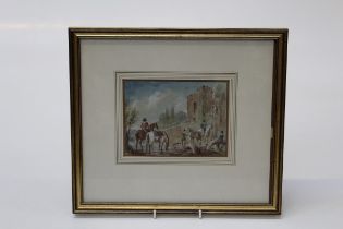 19thCentury European School, figures and horses before a fortress. Watercolour, 13 x 17.5cm