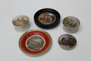 A 19th century Prattware pot lid ' The Sportsman', with base, together with 'War', two other lids