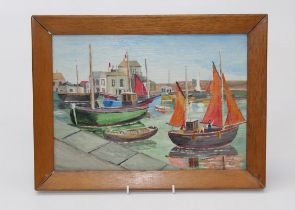 Sir Harold P Hanson ( 20th century) Mevagissey Harbour. Oil on board. Signed lower right and titled,