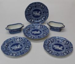 Four early 19th century Spode Greek series 25cm blue and white plates, together with a conforming