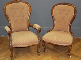 A Victorian walnut framed, button upholstered spoon back salon chair, together with a conforming