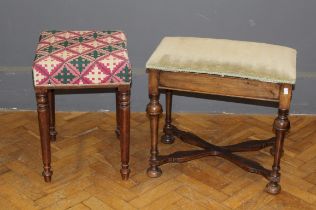 An early 20th Century piano stool, with plush upholstered rising seat, raised on turned supports