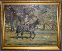 Molly Maurice Latham ( British 1900-1987) A boy riding a black pony, accompanied by a terrier, in an