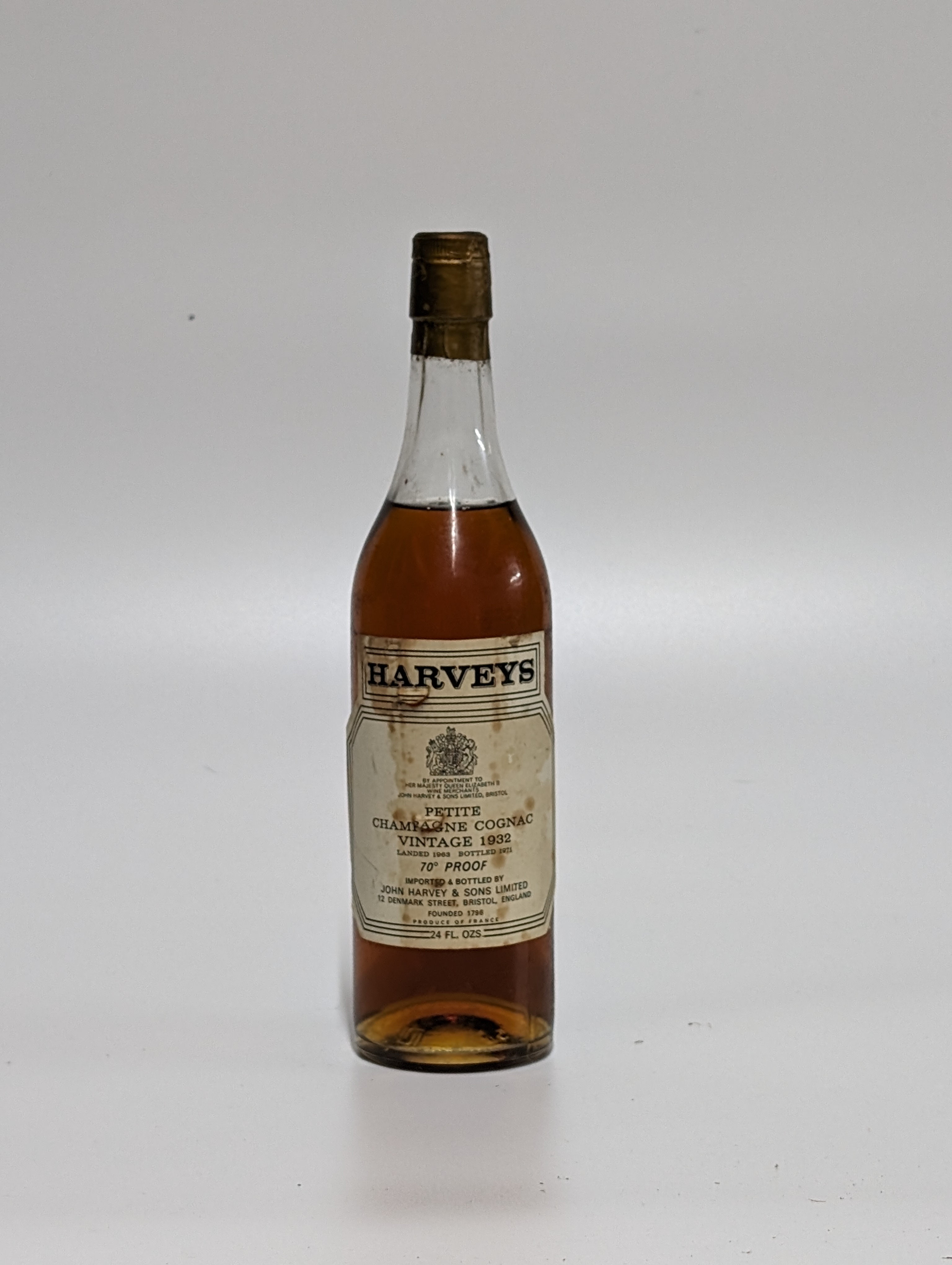 Harveys, Petite Champagne Cognac, 1932, bottled 1971, 70 proof, 24 fl. ozs, one bottle