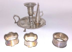 A Chester Hall marked Silver night light and snuffer plus 2 silver Birmingham napkin rings and one