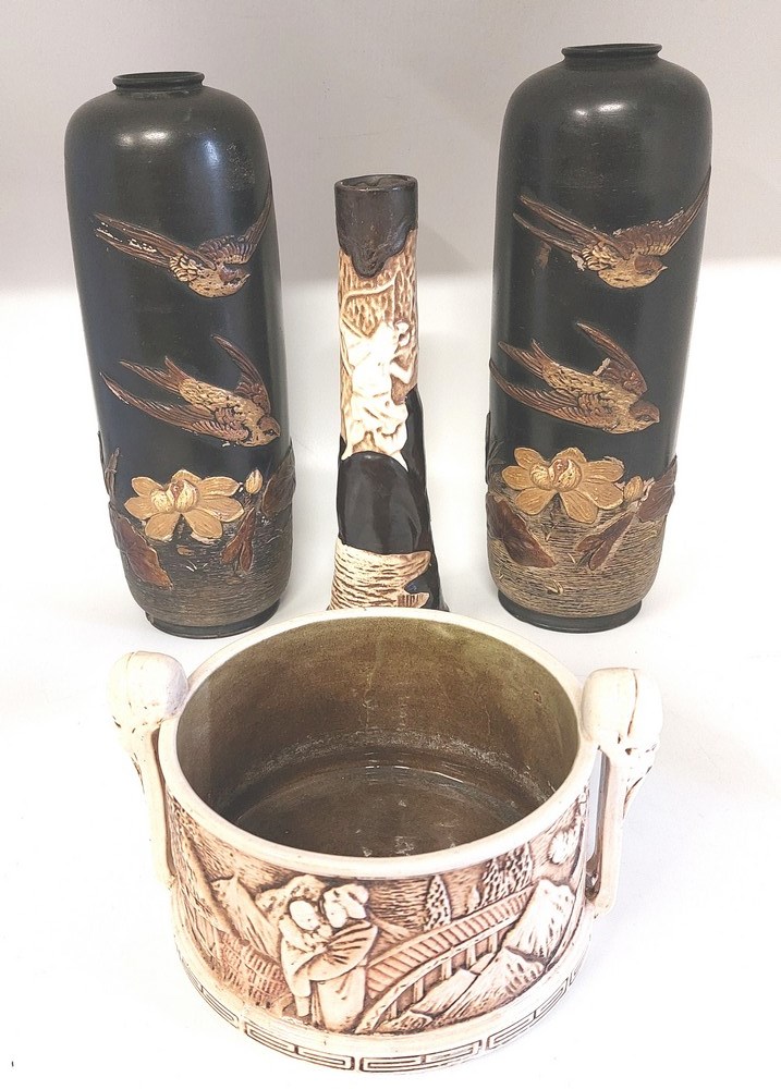A pair of large Japanese influenced Bretby Pottery Clanta ware vases   Decorated with birds in