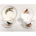 A group of matched Ornithological themed Royal Worcester cups and saucers. A Red start cup and a