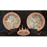 Pair of large Meiji Period Imari chargers on stands, (17" diameter) a smaller charger, (12,5"