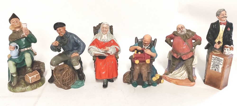 Collection of Royal Doulton figures to include Falstaff , Robin Hood , The Toy Maker, Lobster man.