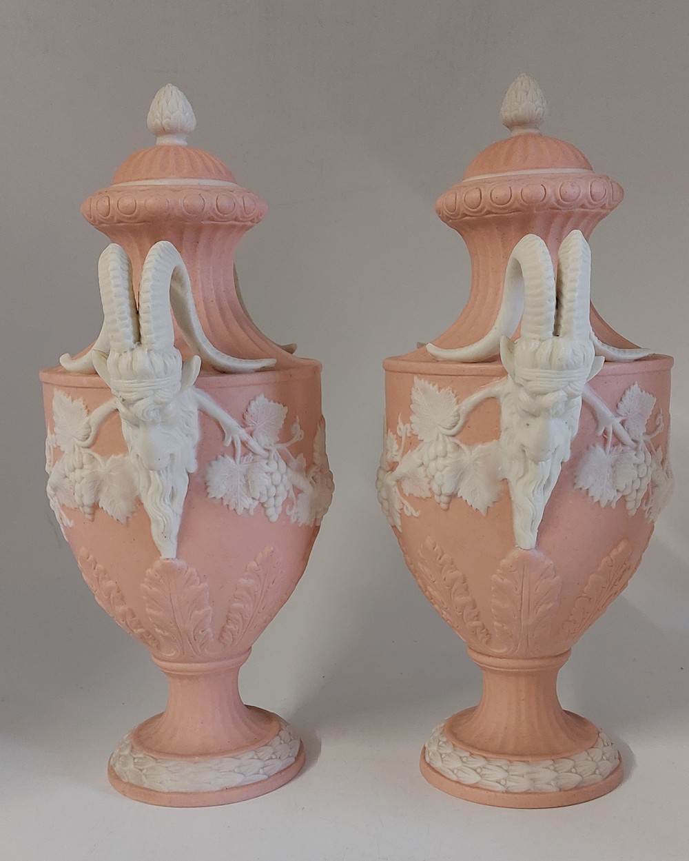 A pair of large pink rams headed 2 handled Bisque urn/vases C1900, possibly continental, unmarked - Image 2 of 12