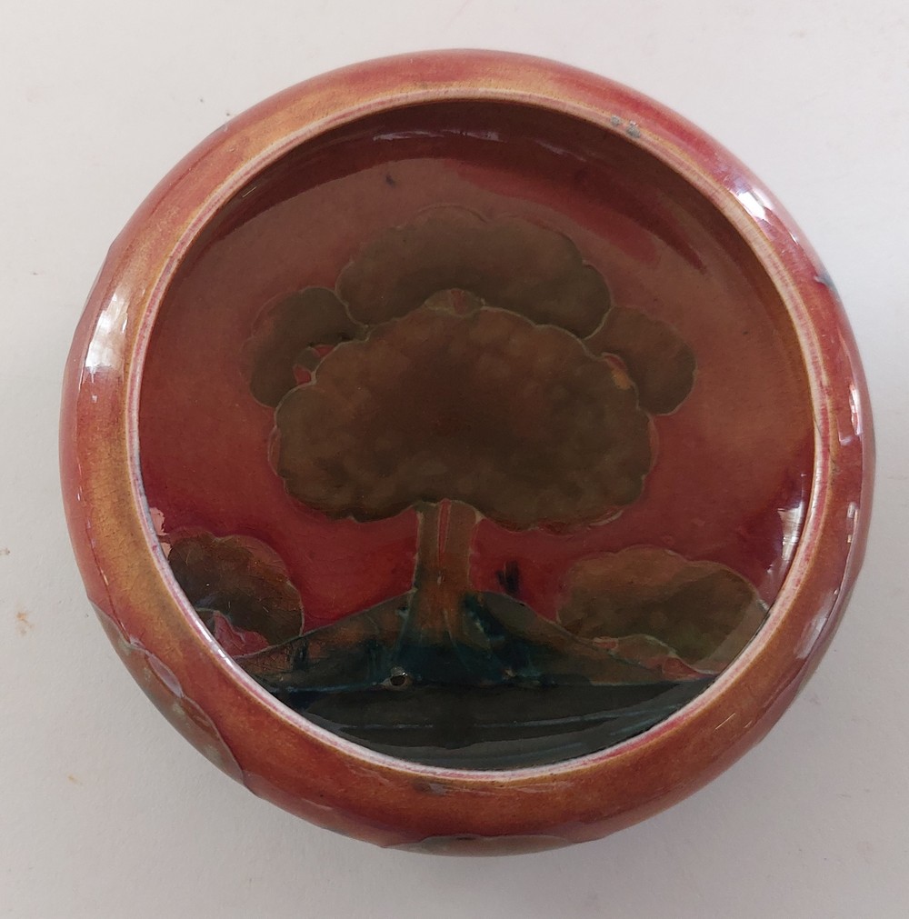 Moorcroft Eventide pin dish, C1916 with WM Blue signature, measures 11cm in diameter and 4 cm in