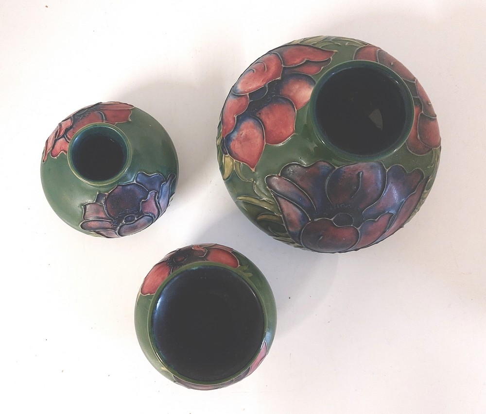 3 x Moorcroft green ground vases , various Moorcroft back stamps decorated in the Hibiscus - Image 2 of 5