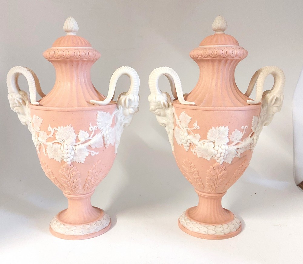 A pair of large pink rams headed 2 handled Bisque urn/vases C1900, possibly continental, unmarked