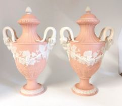 A pair of large pink rams headed 2 handled Bisque urn/vases C1900, possibly continental, unmarked