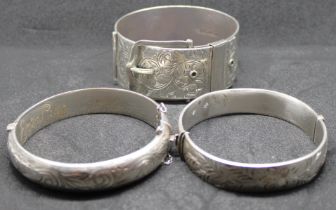 Selection of three Sterling Silver Bangles.  To include a Vintage Sterling Silver Buckle Design