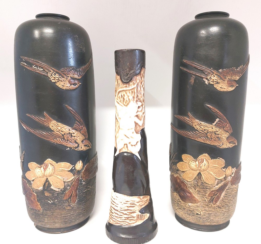 A pair of large Japanese influenced Bretby Pottery Clanta ware vases   Decorated with birds in - Image 2 of 10