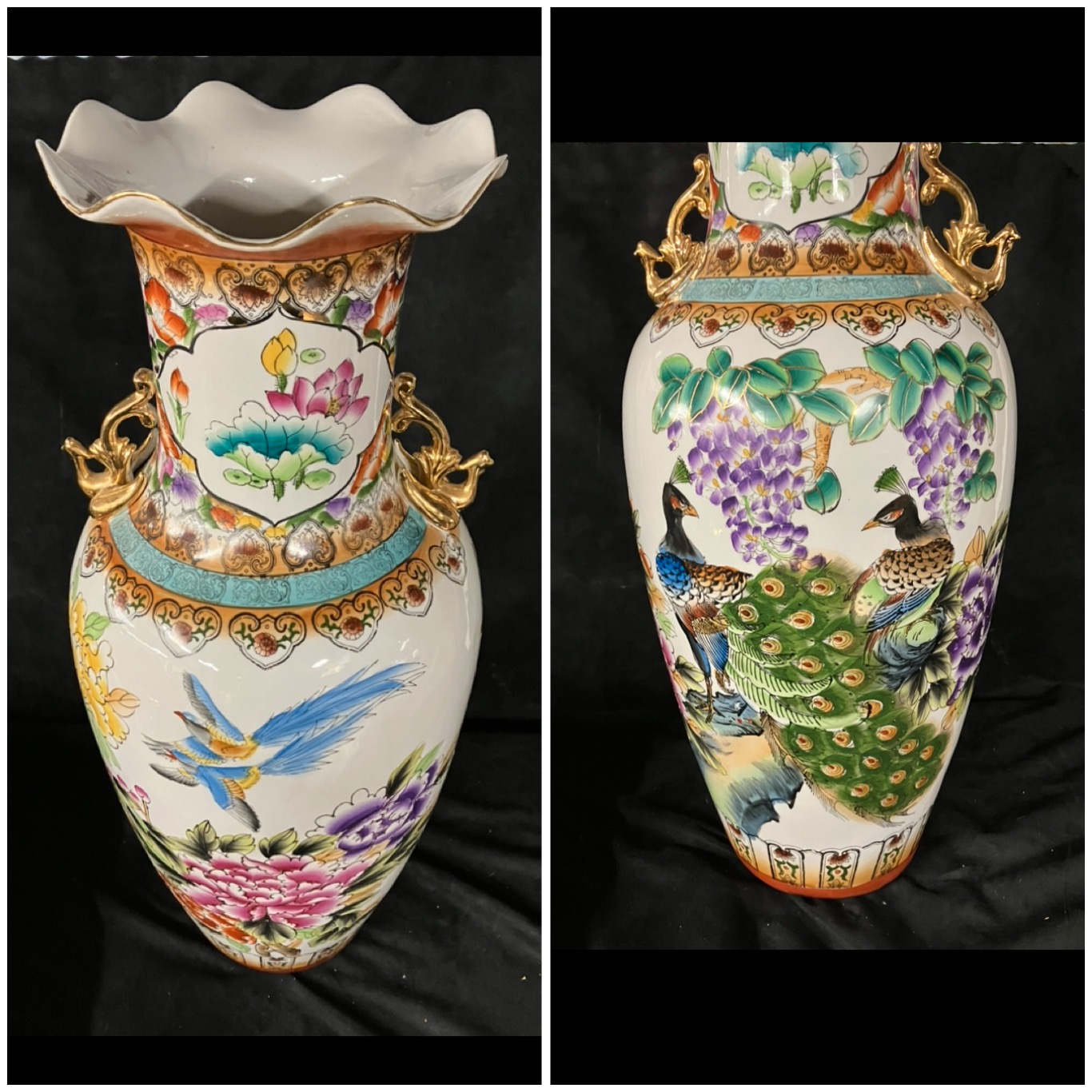 A pair of large 20th C Chinese style vases, decorated with peacock with gilt handles Stand an