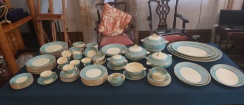 A large blue banded with gilt leaves Reverie dinner service by Clarice Cliff C1937, impressed date