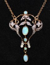 Unmarked Yellow Metal Art Nouveau in style Opal and Diamond Pendant and '10K' hallmarked Gold fine