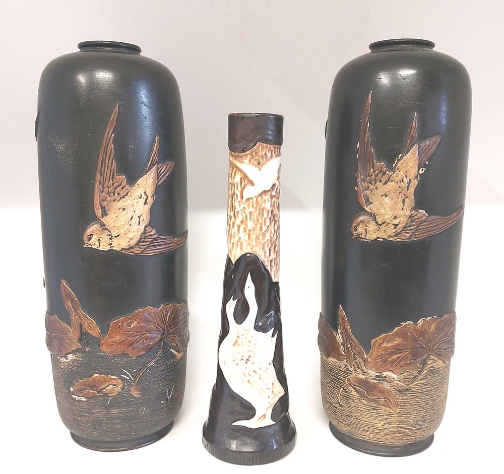 A pair of large Japanese influenced Bretby Pottery Clanta ware vases   Decorated with birds in - Image 3 of 10