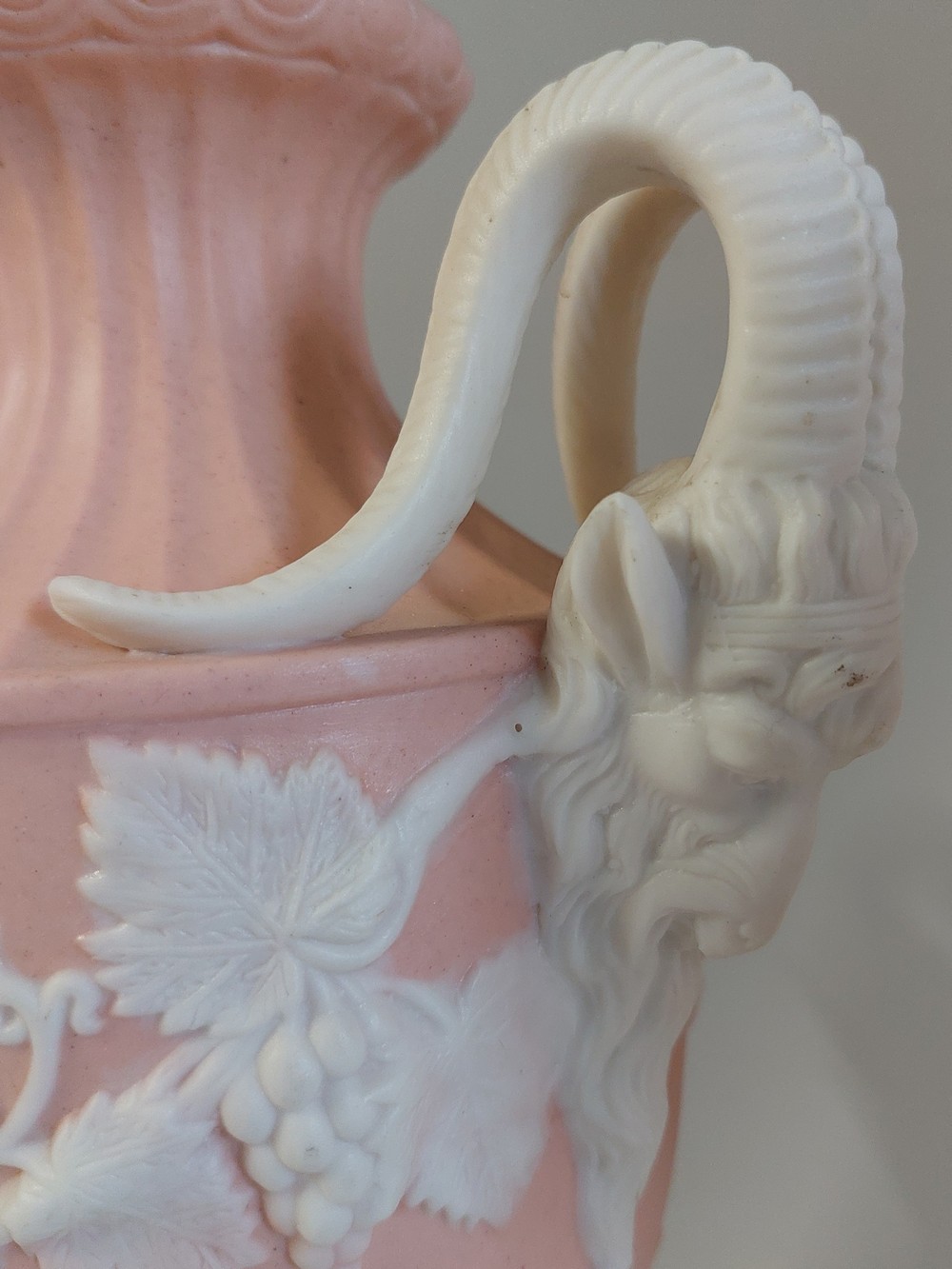 A pair of large pink rams headed 2 handled Bisque urn/vases C1900, possibly continental, unmarked - Image 3 of 12