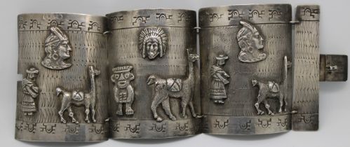 A '925' stamped Peruvian Silver Panel Cuff Bangle.  The Silver panels have Llamas and Indians